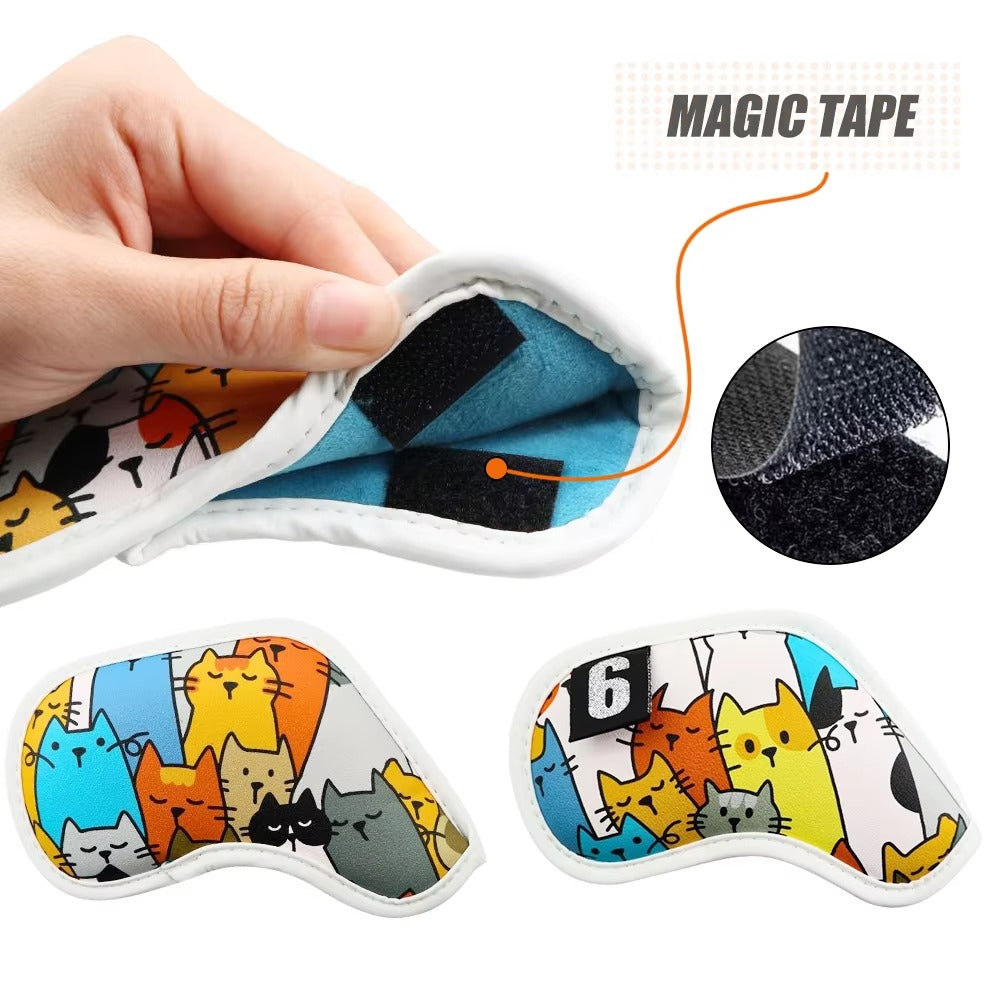 Wholesale Golf Clubs Cover - PU Leather, Colorful Graffiti Cat Design, Waterproof Golf Iron Head Cover with Magic Tape Closure