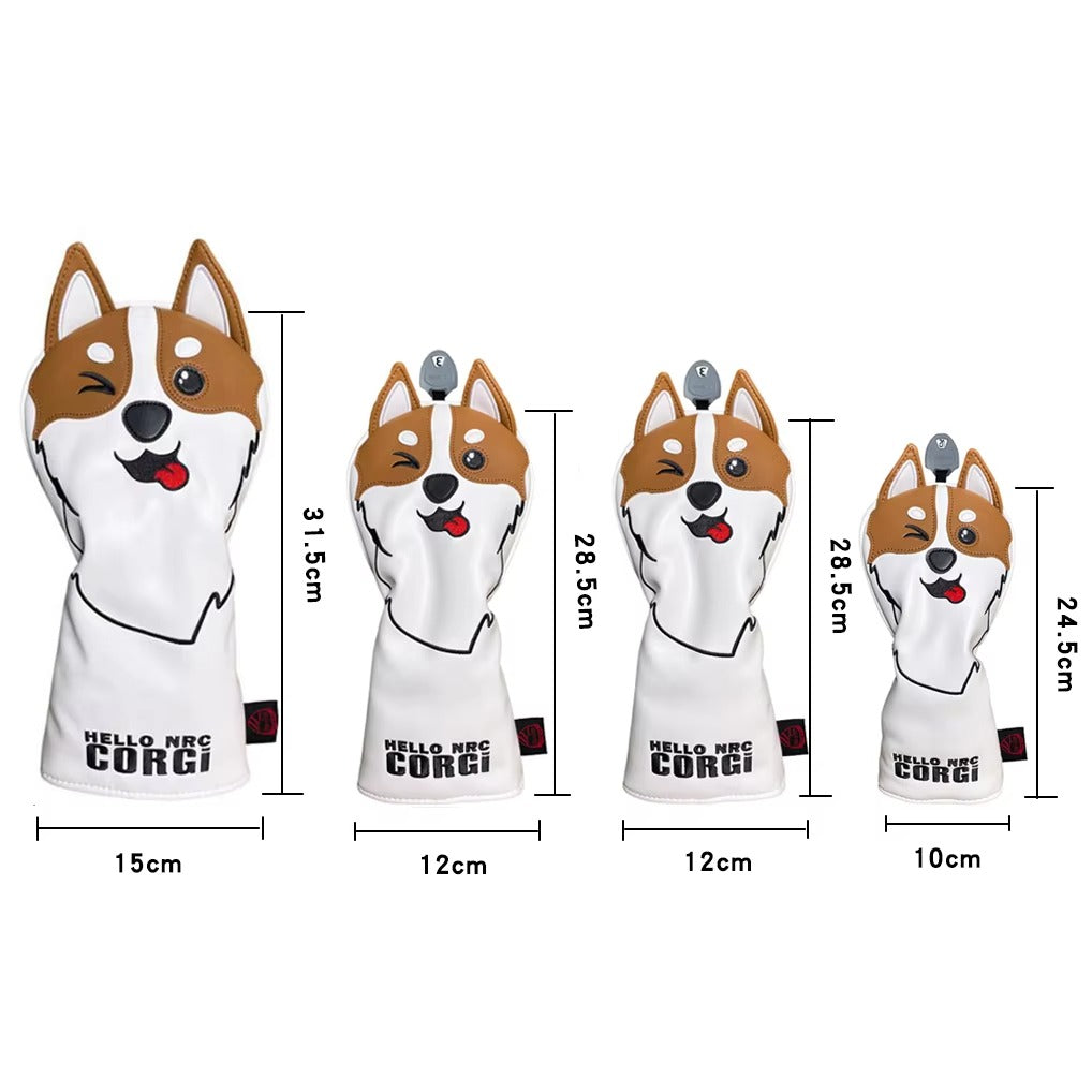 Golf Wood Covers - Corgi Style, Cute Design for Driver/Fairway/Hybrid/Putter, PU Leather, Durable & Soft Protection Golf Head Cover
