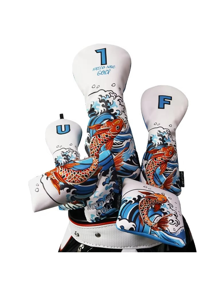 Golf Wood Cover - Koi Pattern, for Driver/Fairway/Hybrid, Waterproof PU Leather Protector, Soft & Durable Golf Club Head Cover
