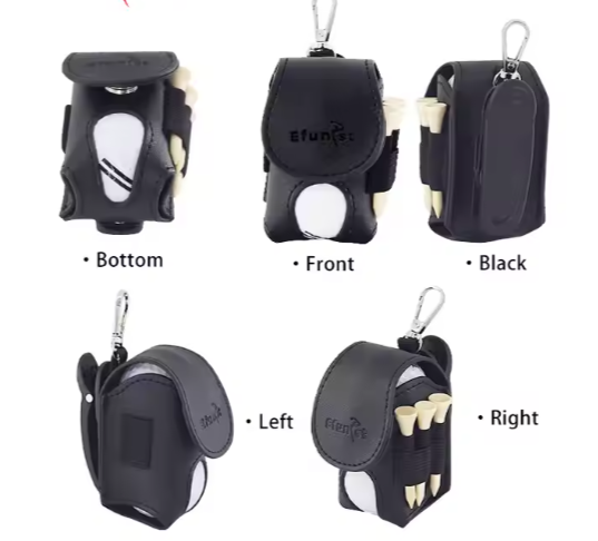 Golf Ball Pouch & Tees Bag - Holds Double Balls, with Magnetic Golf Tee Bag, Small Size, PU Leather, Clip Feature
