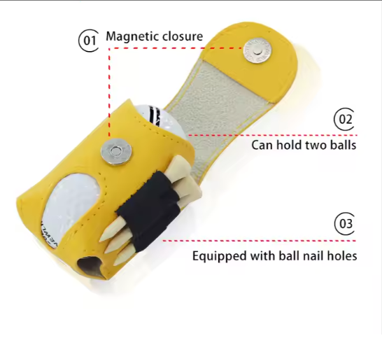 Golf Ball Pouch & Tees Bag - Holds Double Balls, with Magnetic Golf Tee Bag, Small Size, PU Leather, Clip Feature