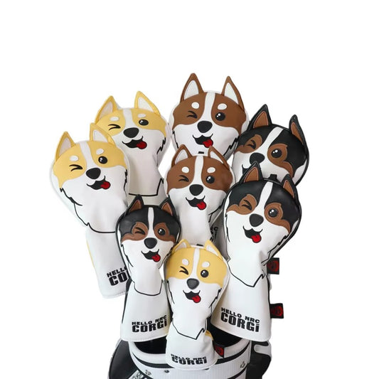 Golf Wood Covers - Corgi Style, Cute Design for Driver/Fairway/Hybrid/Putter, PU Leather, Durable & Soft Protection Golf Head Cover