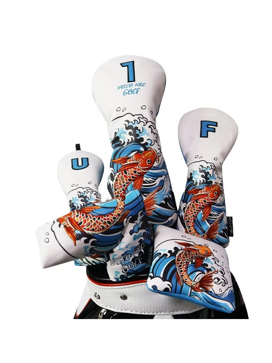 Golf Wood Cover - Koi Pattern, for Driver/Fairway/Hybrid, Waterproof PU Leather Protector, Soft & Durable Golf Club Head Cover