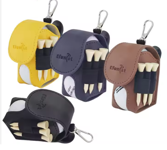 Golf Ball Pouch & Tees Bag - Holds Double Balls, with Magnetic Golf Tee Bag, Small Size, PU Leather, Clip Feature